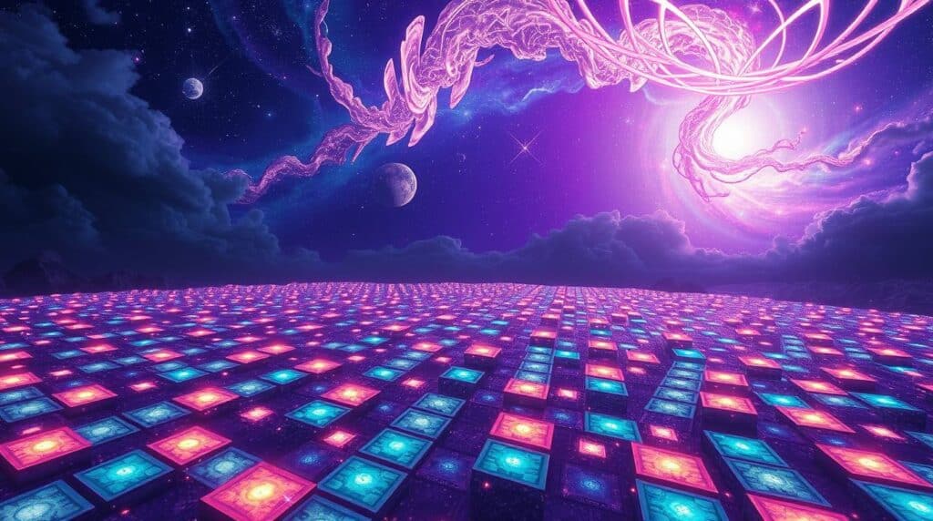 Fläche aus leuchtenden quadratischen Feldern in Violett und Blau unter einem kosmischen Himmel mit Lichtwirbel. -KI-generiertes Bild.