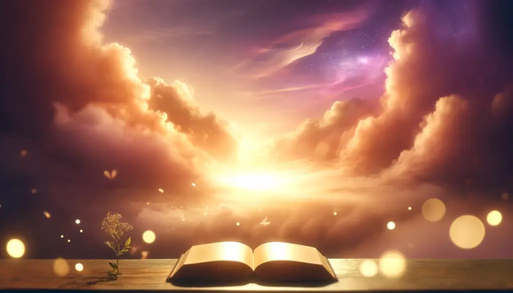 Mystisches violett-goldenes Licht über einem geöffneten Buch und violetten Wolken im Hintergrund. -KI-generiertes Bild.