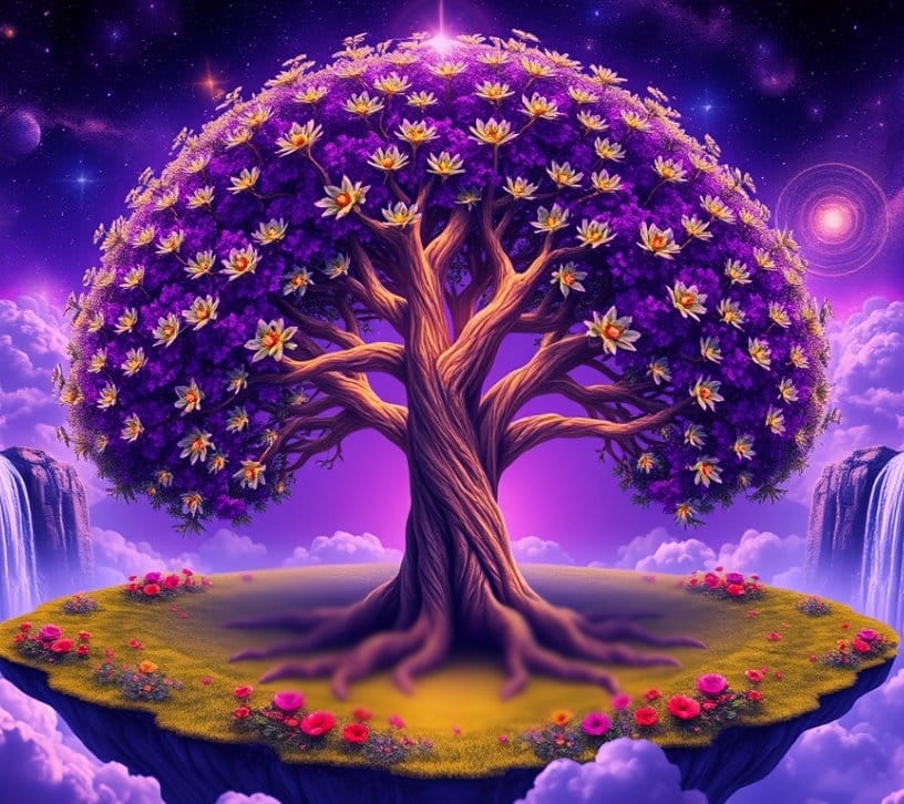 Ein Baum mit Gold leuchtenden Blumen steht in einer blau violetten surrealen Landschaft. KI-generiertes Bild.