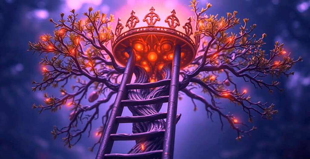 Vor einem violettem Hintergrund ein Baum mit gold-leuchtenden Zweigen, oben eine Krone aus Licht und Leiter im Vordergrund. -KI-generiertes Bild.